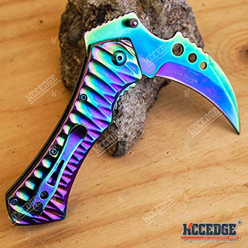 KCCEDGE BEST CUTLERY SOURCE Pocket Knife Camping Accessories Survival Kit 5 Inch Grim Reaper Scythe Tactical Knife Hunting Knife Camping Gear 78524 (Rainbow)