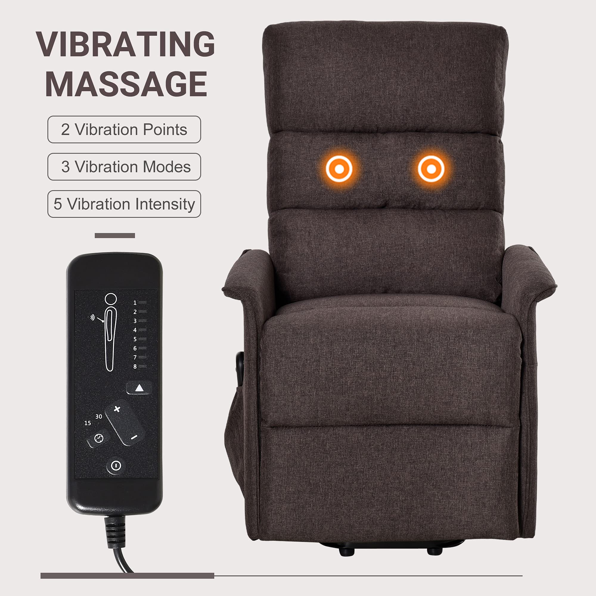 HOMCOM Power Lift Chair with Vibration Massage, Fabric Upholstered Recliner Chair for Elderly with Remote Control, Side Pockets, Brown