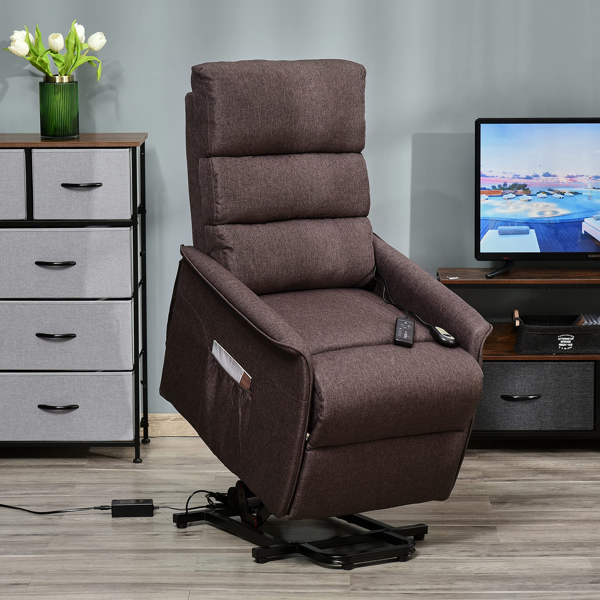 HOMCOM Power Lift Chair with Vibration Massage, Fabric Upholstered Recliner Chair for Elderly with Remote Control, Side Pockets, Brown