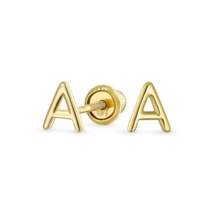 ABC Minimalist Real Yellow 14K Gold Capital Block Alphabet Letter A Initial Stud Earrings Safety Ball Screw Back For Teen For Women