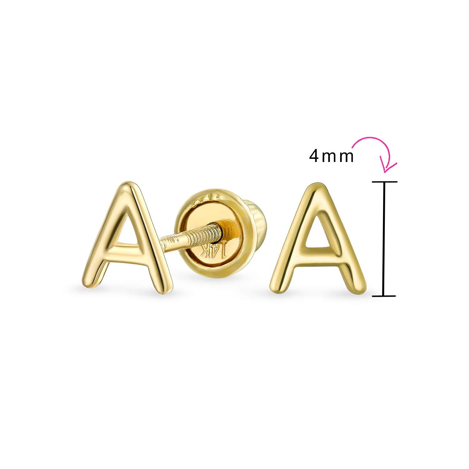 ABC Minimalist Real Yellow 14K Gold Capital Block Alphabet Letter A Initial Stud Earrings Safety Ball Screw Back For Teen For Women