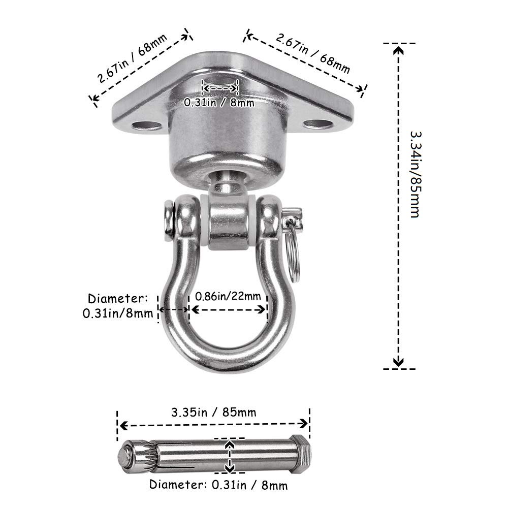 Dakzhou Stainless Steel Hanger with Smooth Swing Bearings, Heavy Duty 180°+360° Swivel Swing Hook, 1500 lb Capacity Playground Yoga Hammock Chair Rope, sandbag Porch Swing Bag Sleeve