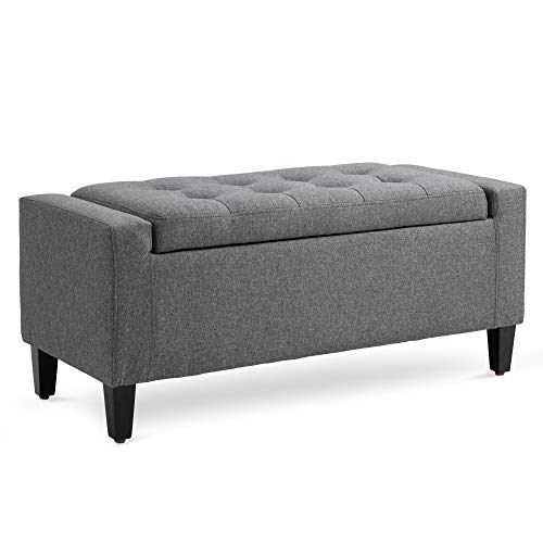 HOMCOM Storage Ottoman, Linen Upholstered Storage Bench with Lift Top and Button Tufted for Living Room, Gray