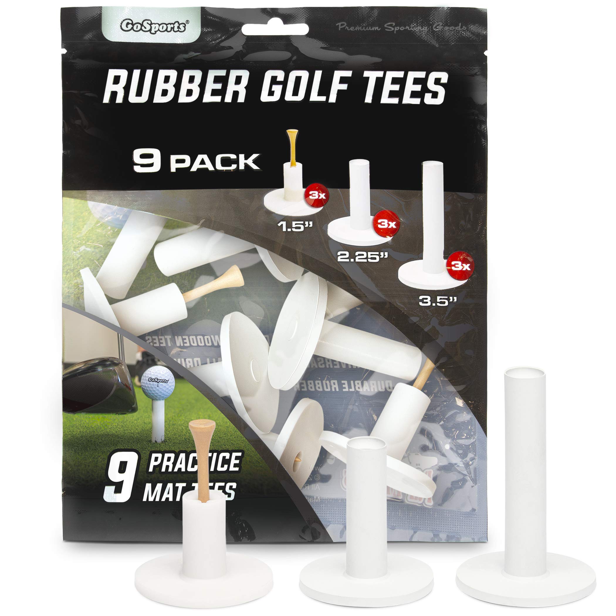 GoSports Rubber Golf Tees 9 Pack - 3x of 1.5 Inch, 2.25 Inch and 3.5 Inch Tees - Universal with Artificial Turf Golf Mats