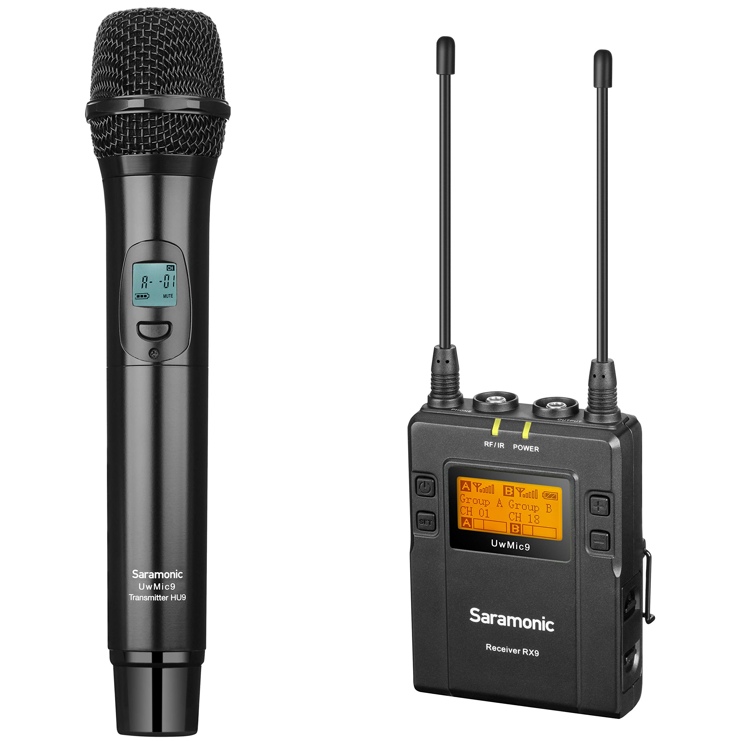 Saramonic UHF Wireless Handheld Mic System w/Dual-Channel Camera-Mountable Receiver (UwMic9 RX9+HU9) (UWMIC9RX9HU9), Black