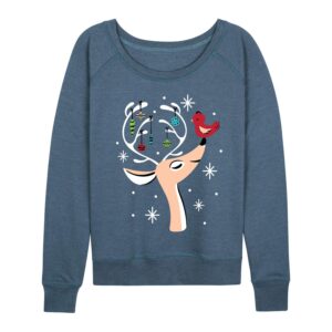 instant message - retro deer and bird - women's lightwieght french terry pullover - size 4x heather blue