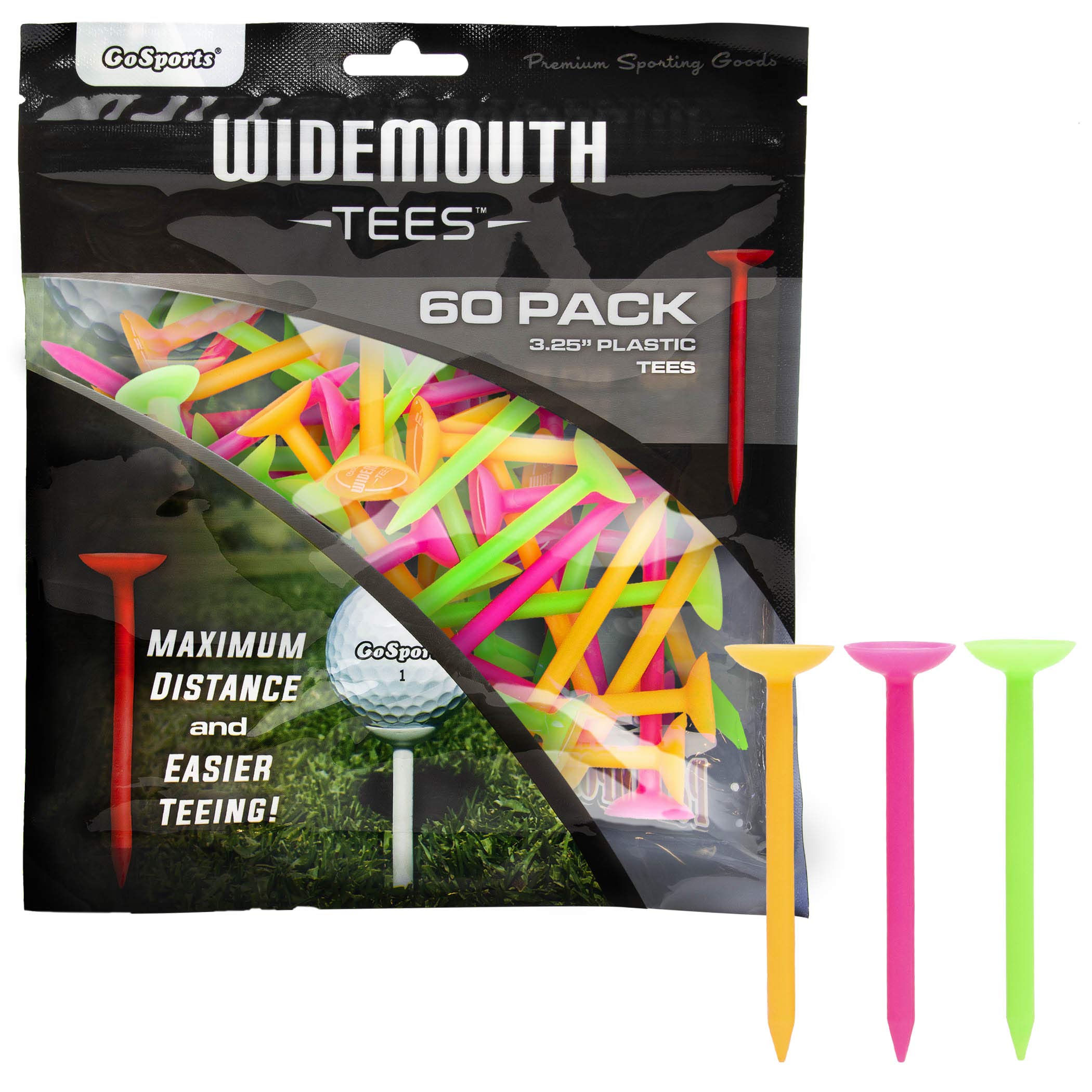 GoSports 3.25” Widemouth Tees Plastic Golf Tees, 60 Tee Player’s Pack - Max Distance and Easier Teeing