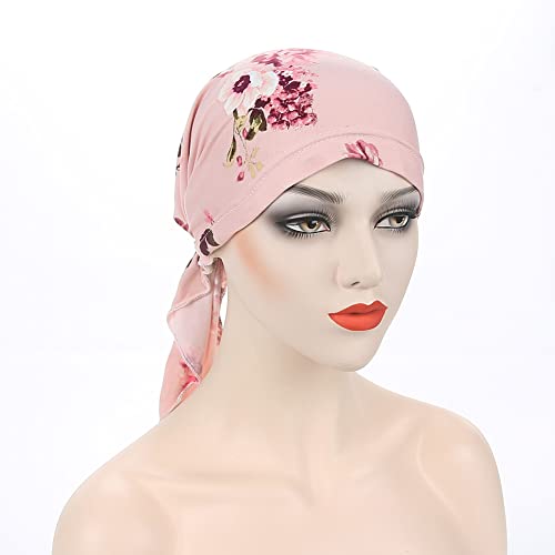 Fxhixiy Pre-Tied Bandana Turban Hat Chemo Cancer Headscarf Headwraps Headwear for Women Hair Cover Hat (Pink Flower)