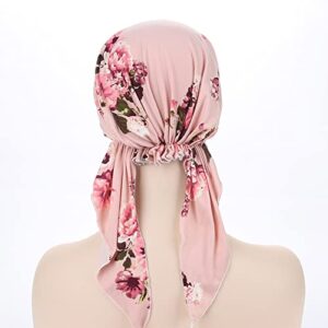 Fxhixiy Pre-Tied Bandana Turban Hat Chemo Cancer Headscarf Headwraps Headwear for Women Hair Cover Hat (Pink Flower)