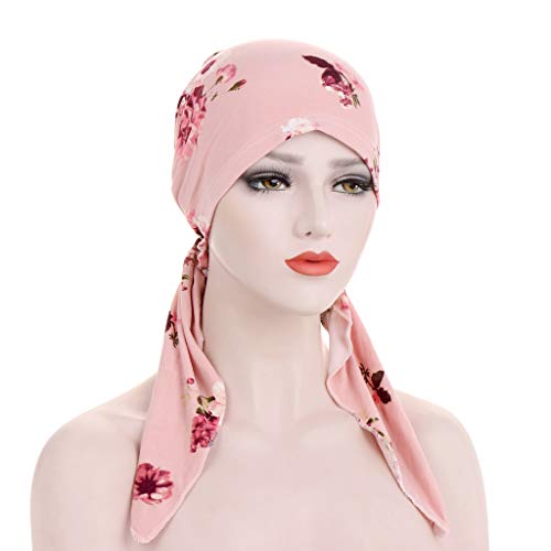 Fxhixiy Pre-Tied Bandana Turban Hat Chemo Cancer Headscarf Headwraps Headwear for Women Hair Cover Hat (Pink Flower)