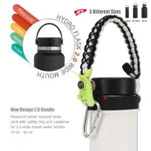 QeeCord Paracord Handle Compatible with Hydro Flask 2.0 Wide Mouth Water Bottle Carrier with New Ring and Carabiner, 12oz, 16oz,18oz, 32oz, 40oz, 64oz (32 oz-40 oz Wide Mouth, Glow White)