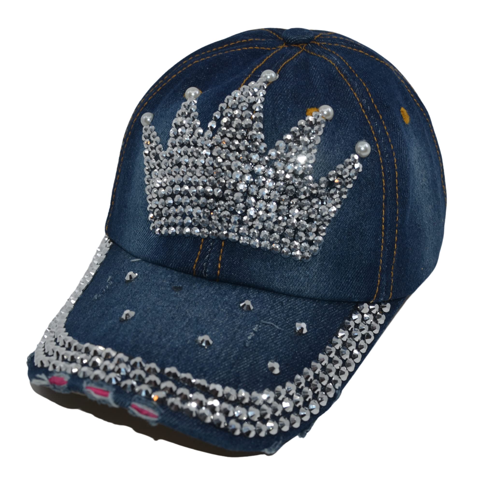 Popfizzy Bling Crown Baseball Cap for Women Rhinestone Hat, Bedazzled Baseball Caps, Distressed Hat, Fancy Bejeweled Hats, Sparkle Studded Denim Ball Caps (Crown)