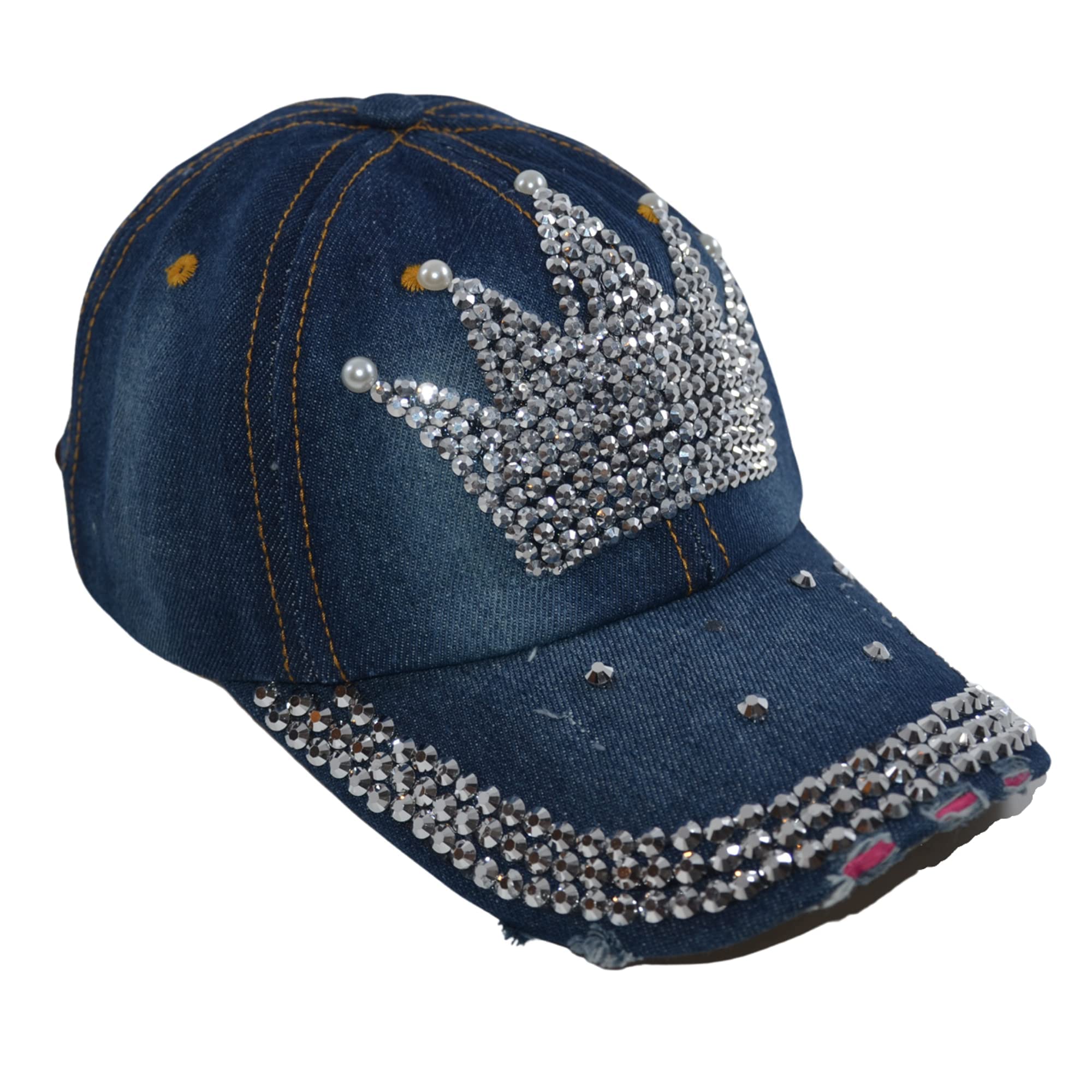 Popfizzy Bling Crown Baseball Cap for Women Rhinestone Hat, Bedazzled Baseball Caps, Distressed Hat, Fancy Bejeweled Hats, Sparkle Studded Denim Ball Caps (Crown)