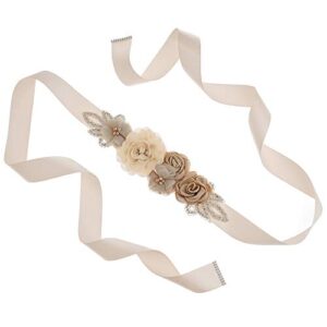 Lauthen.S Sash Belt with Flowers Pearls Rhinestone for Wedding Bride/Baby Shower Dress (One Size, Khaki)