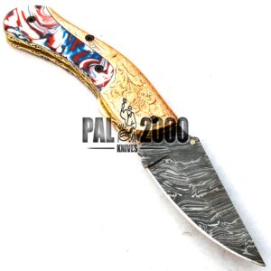 PAL 2000 HUNTING KNIVES FPK-9779 Folding Hunter Damascus Steel Pocket Knife with Sheath Handmade