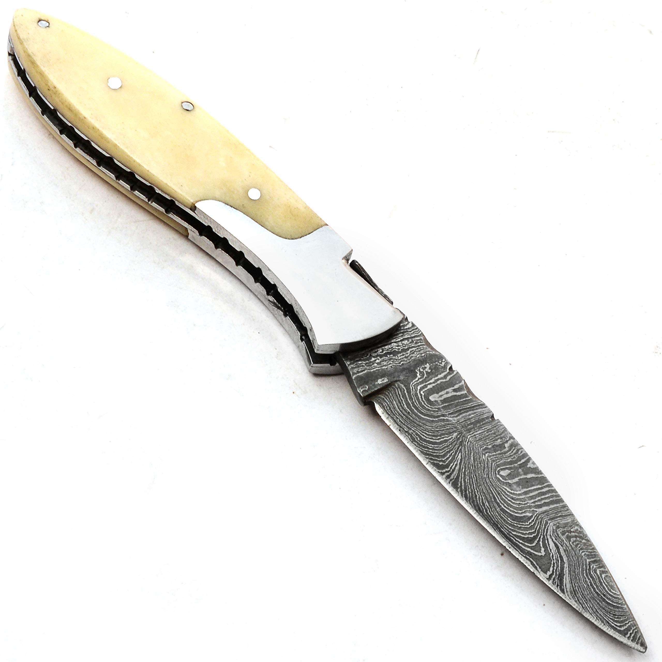 PAL 2000 HUNTING KNIVES FOL-9794 Handmade Damascus Steel Folding Pocket Knife With Leather Sheath