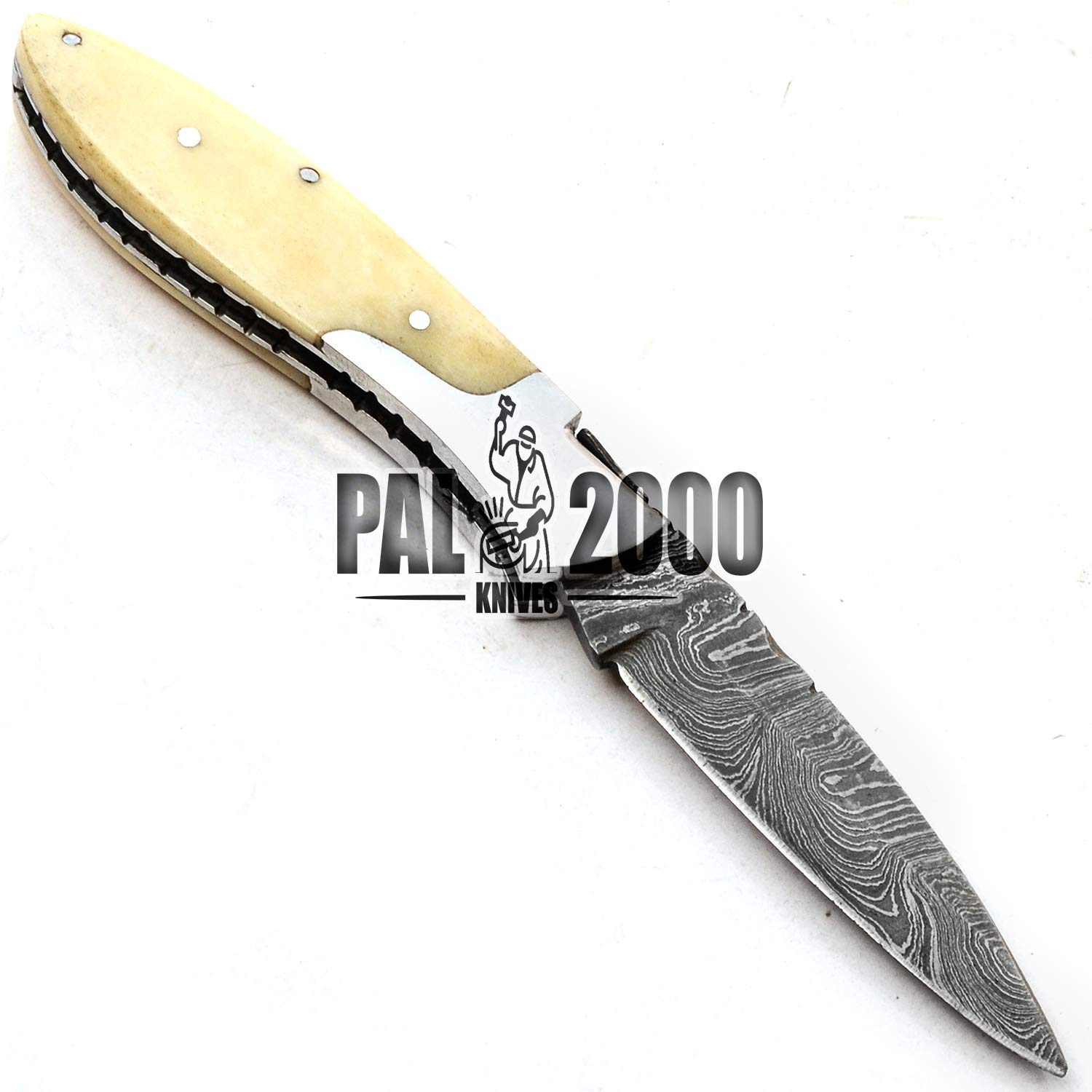 PAL 2000 HUNTING KNIVES FOL-9794 Handmade Damascus Steel Folding Pocket Knife With Leather Sheath