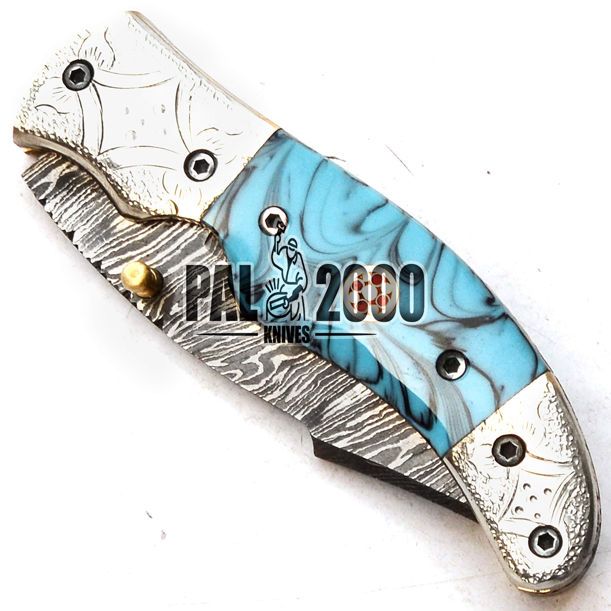 POC-9776 Folding Damascus Steel Hunting Knife with Pocket Clip Sheath