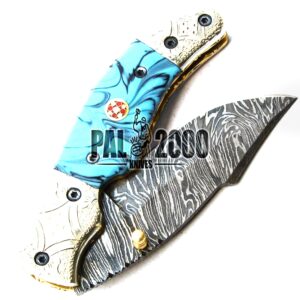 POC-9776 Folding Damascus Steel Hunting Knife with Pocket Clip Sheath