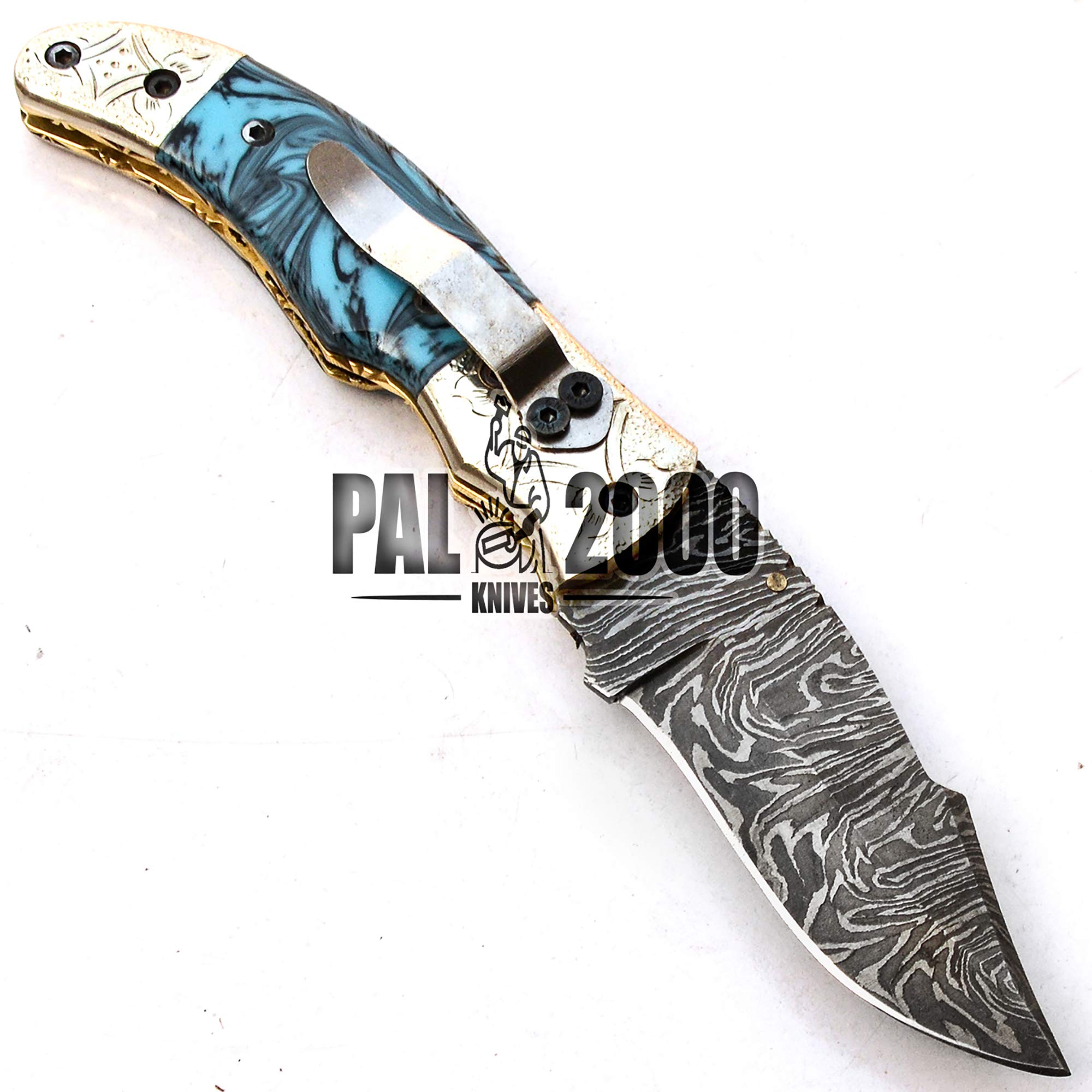 POC-9776 Folding Damascus Steel Hunting Knife with Pocket Clip Sheath