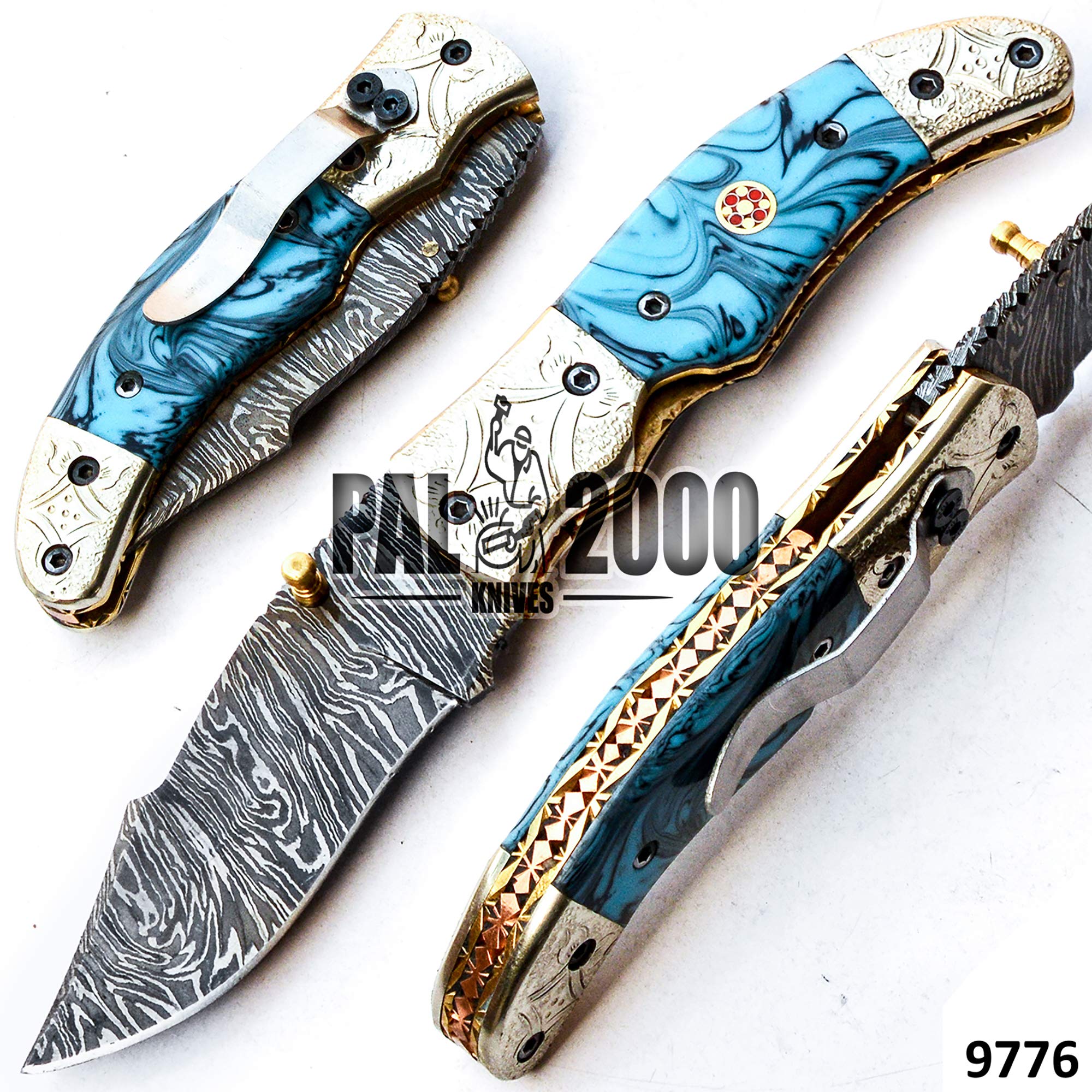 POC-9776 Folding Damascus Steel Hunting Knife with Pocket Clip Sheath