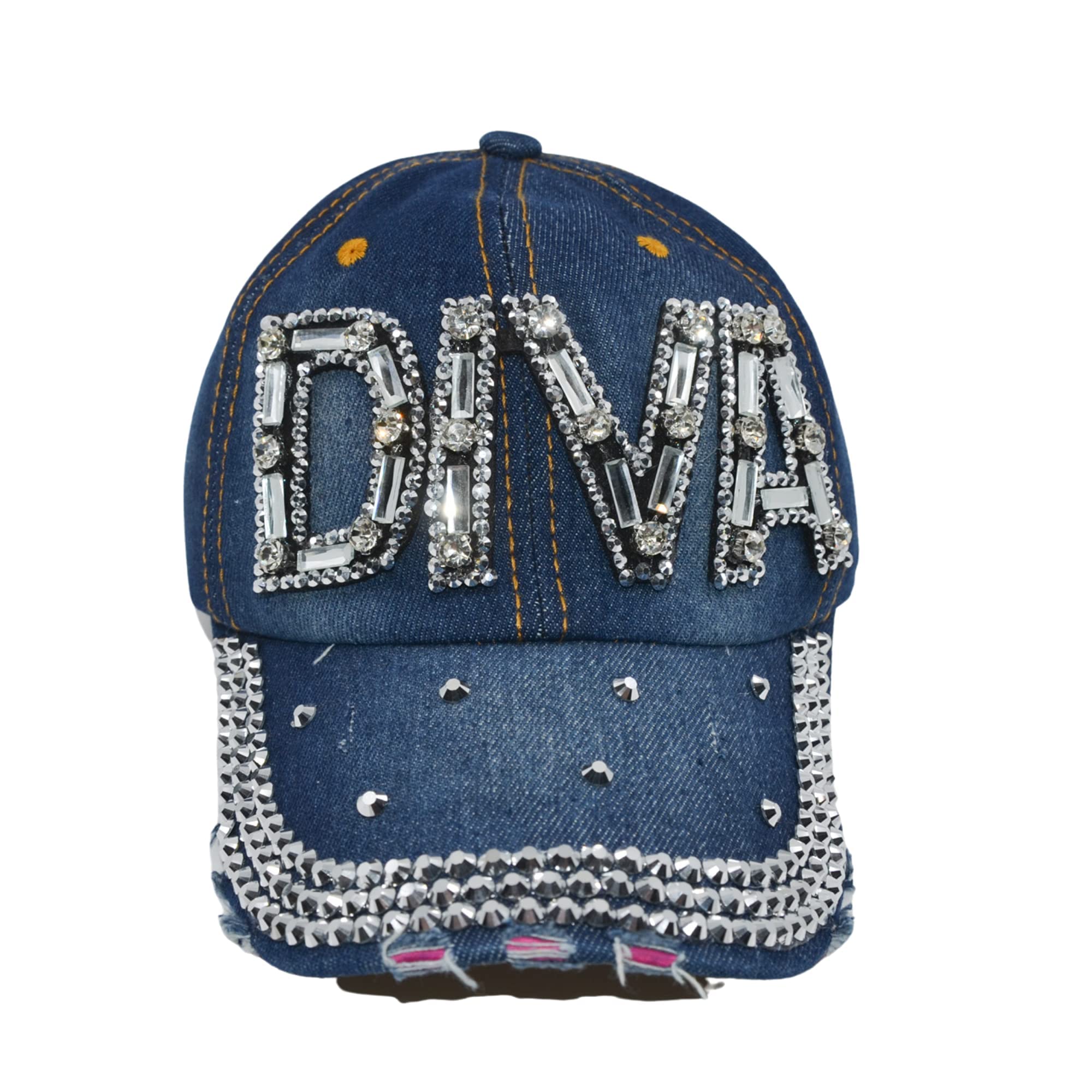 Popfizzy Diva Hat for Women, Rhinestone Hat with Bling Bling, Bedazzled Denim Baseball Hats Distressed, Bejeweled Hats