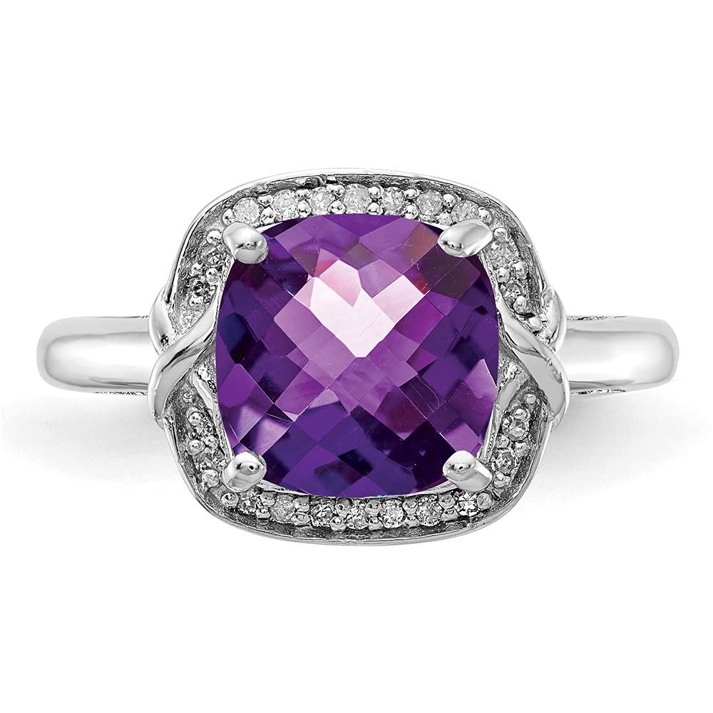 925 Sterling Silver Checkerboard Cut Amethyst and Diamond Ring Fine Jewelry For Women Gifts For Her, Size 8