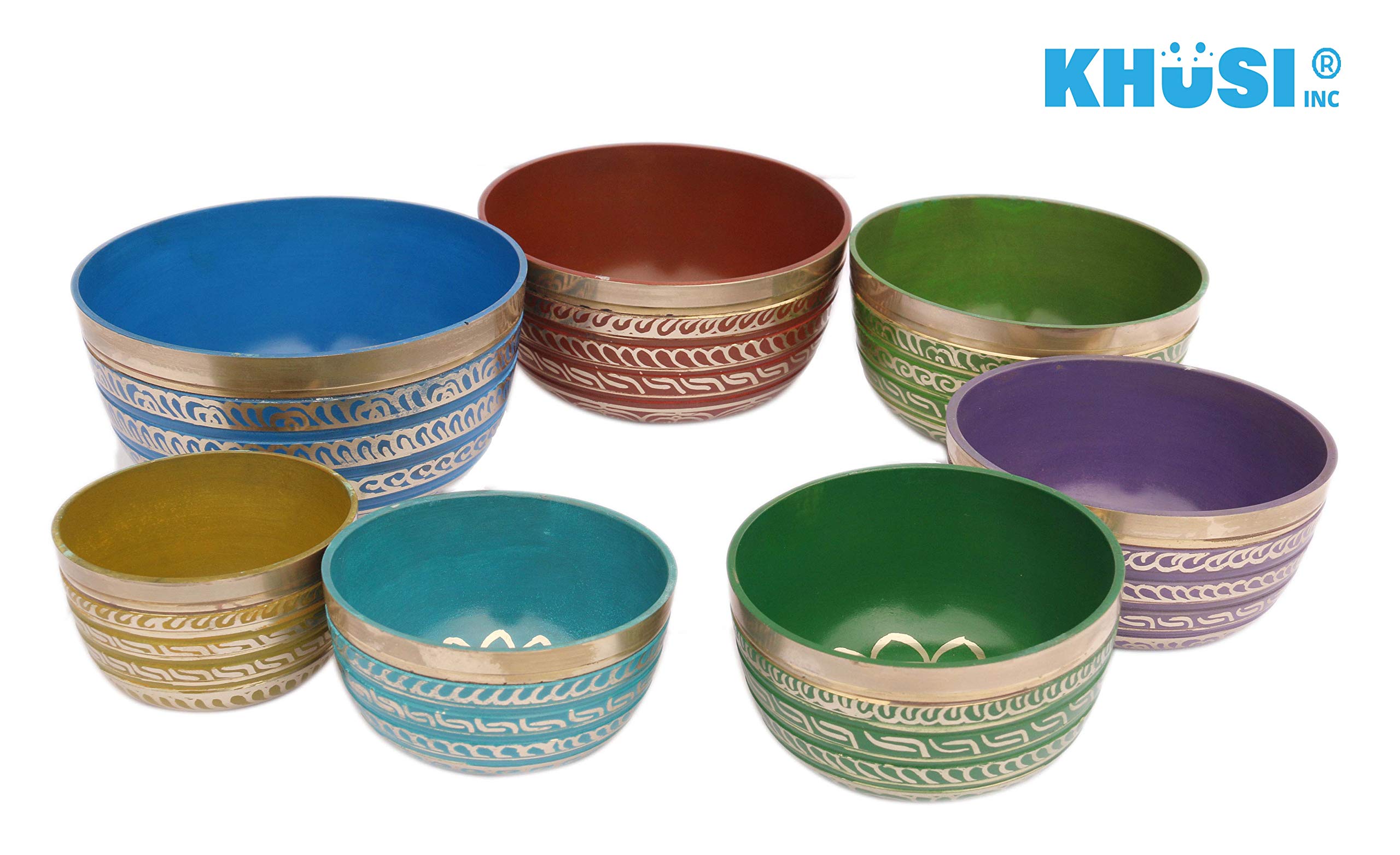 Khusi Tibetan Singing Bowl Set of 7, Handmade, 7 Colors Singing Bowl, Chakra healing, Relaxation, Stress Relief and Spiritual Singing Bowl, Comes w/silk cushions, 4 sticks and Brocade Box