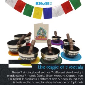 KHUSI Tibetan Singing Bowl Set of 7, Thadobati, Handcrafted, Mantra Engraved Singing Bowl for Yoga, Chakra healing, Relaxation, Stress Relief, Comes w/silk cushions, 7 sticks, Brocade Box