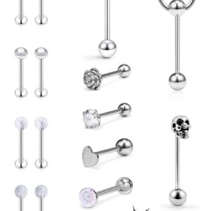 SCERRING 14G Tongue Rings Stainless Steel Rose Skull Heart Cheek Tongue Nipple Ring Body Piercing Jewelry Retainer 16PCS Silver