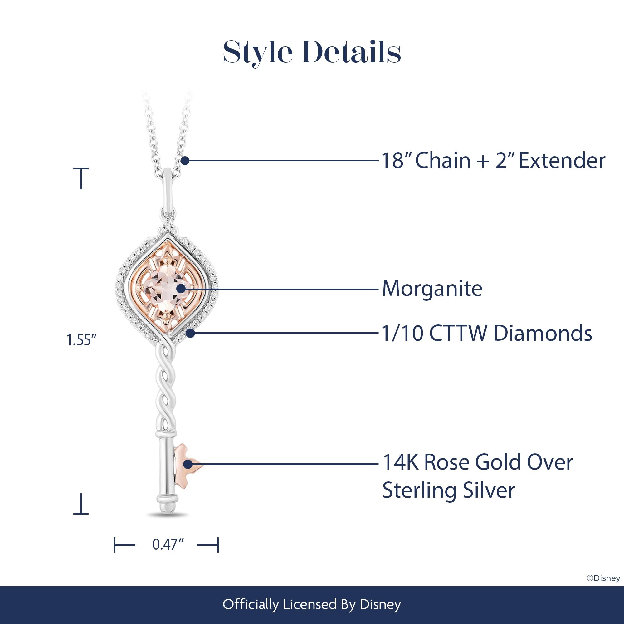 Jewelili Enchanted Disney Fine Jewelry 14K Rose Gold over Sterling Silver with 1/10 CTTW Diamonds and Morganite Aurora Key Pendant