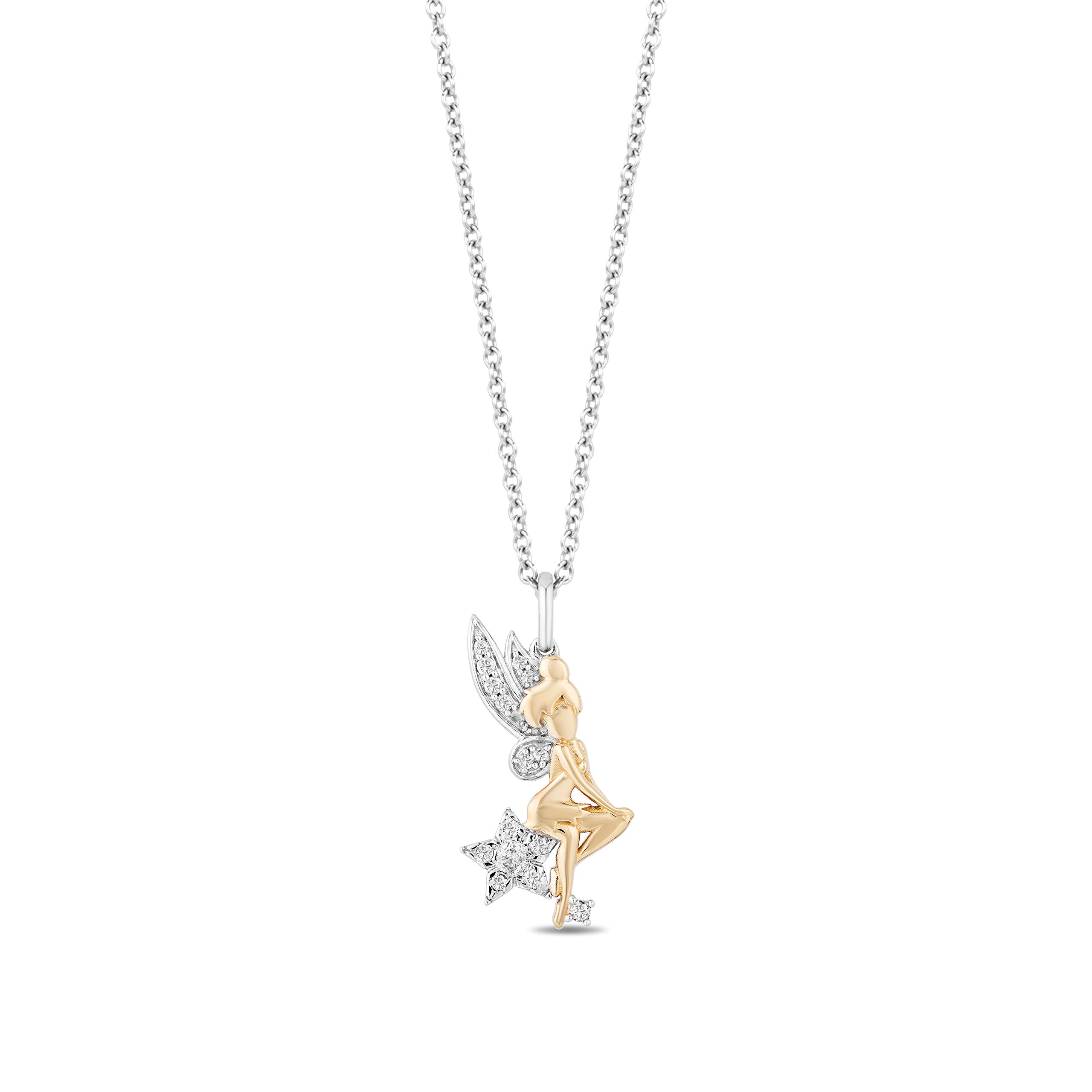 Jewelili Enchanted Disney Fine Jewelry 14K Yellow Gold over Sterling Silver with 1/6 CTTW Tinker Bell Pendant Necklace