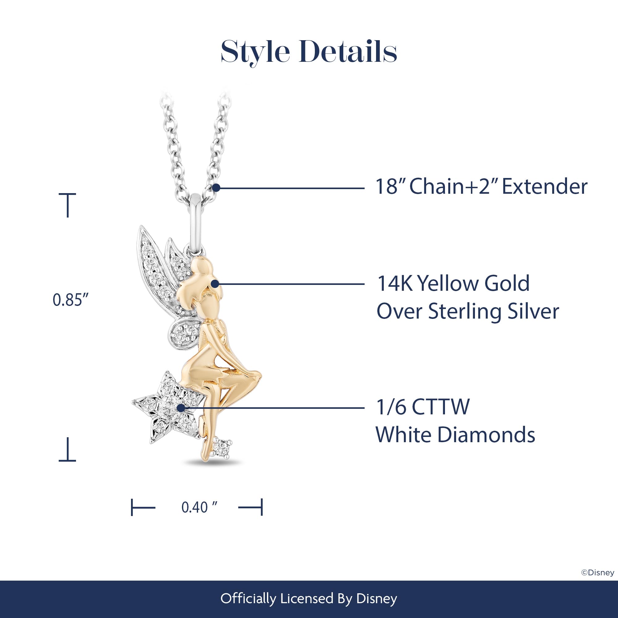 Jewelili Enchanted Disney Fine Jewelry 14K Yellow Gold over Sterling Silver with 1/6 CTTW Tinker Bell Pendant Necklace