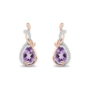 Jewelili Enchanted Disney Fine Jewelry 14K Rose Gold over Sterling Silver with 1/10 Cttw Diamond Amethyst Rapunzel Dangle Earrings