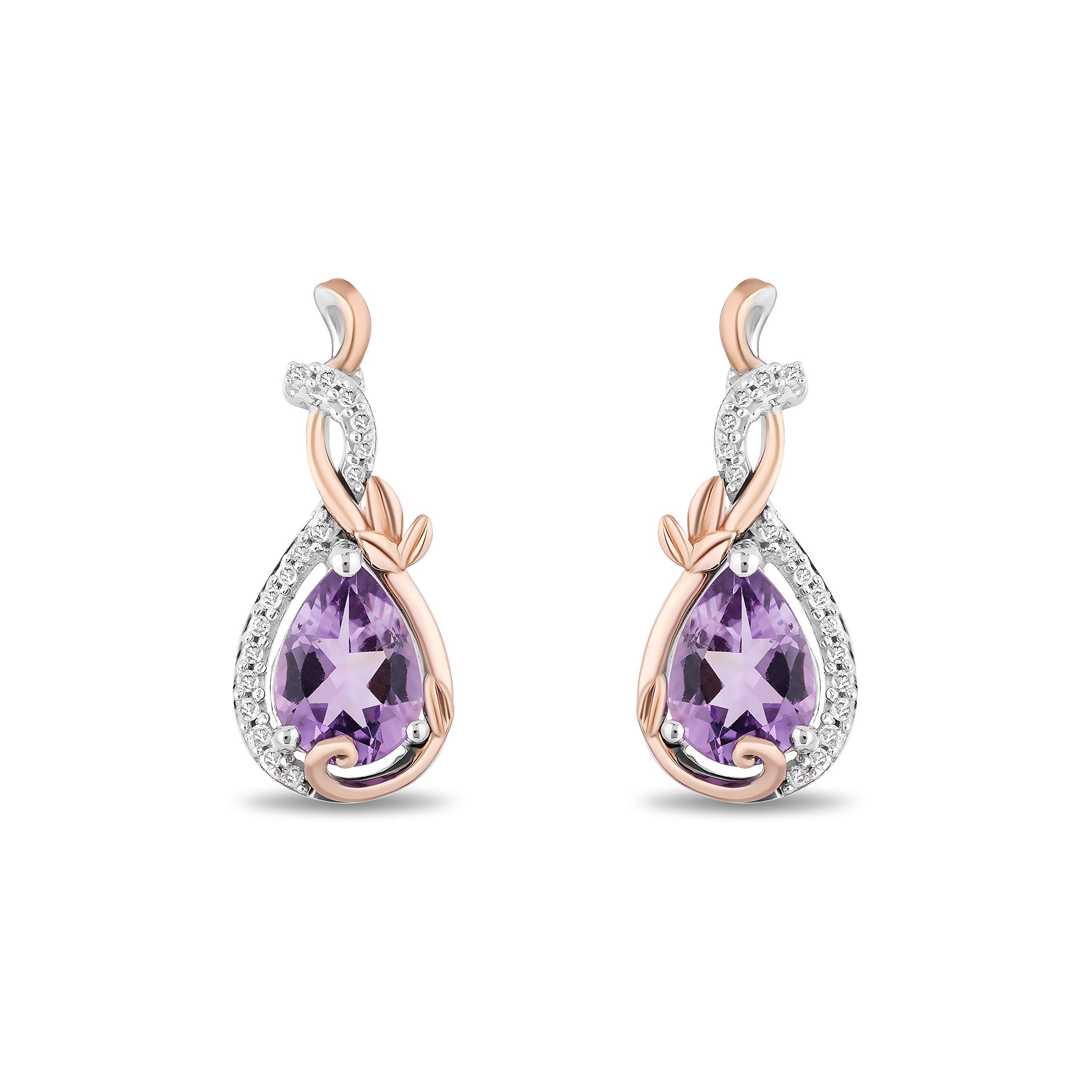 Jewelili Enchanted Disney Fine Jewelry 14K Rose Gold over Sterling Silver with 1/10 Cttw Diamond Amethyst Rapunzel Dangle Earrings