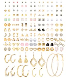 sailimue 84 pairs assorted multiple stud earrings hoop set dangle cute hypoallergenic cz bow butterfly flower leaf ball simple drop earrings stud for women pack