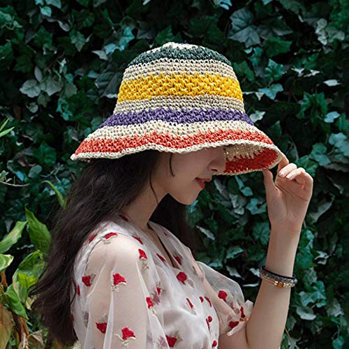 Minache Foldable Wide Brim Colorful Crochet Straw Hat Outdoor Sun Visor Hat UPF 50+ Summer for Women Girl, Creamy White