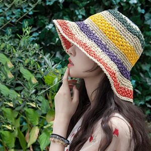 Minache Foldable Wide Brim Colorful Crochet Straw Hat Outdoor Sun Visor Hat UPF 50+ Summer for Women Girl, Creamy White