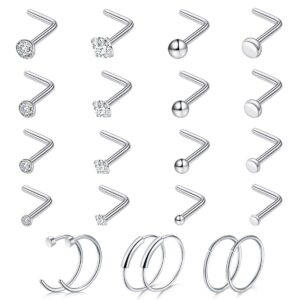 Ldurian 22PCS Nose Rings Studs | Nostril Piercing Jewelry Titanium Nose Stud Ring | Surgical Steel Nose Piercing Kit Jewelry | L Shape 20G Nose Studs Set