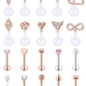 SCERRING 16g Lip Rings Stainless Steel Labret Monroe Lip Rings Nail Tragus Helix Earrings Studs Ring Medusa Piercing Jewelry 8mm 20PCS Rose Gold