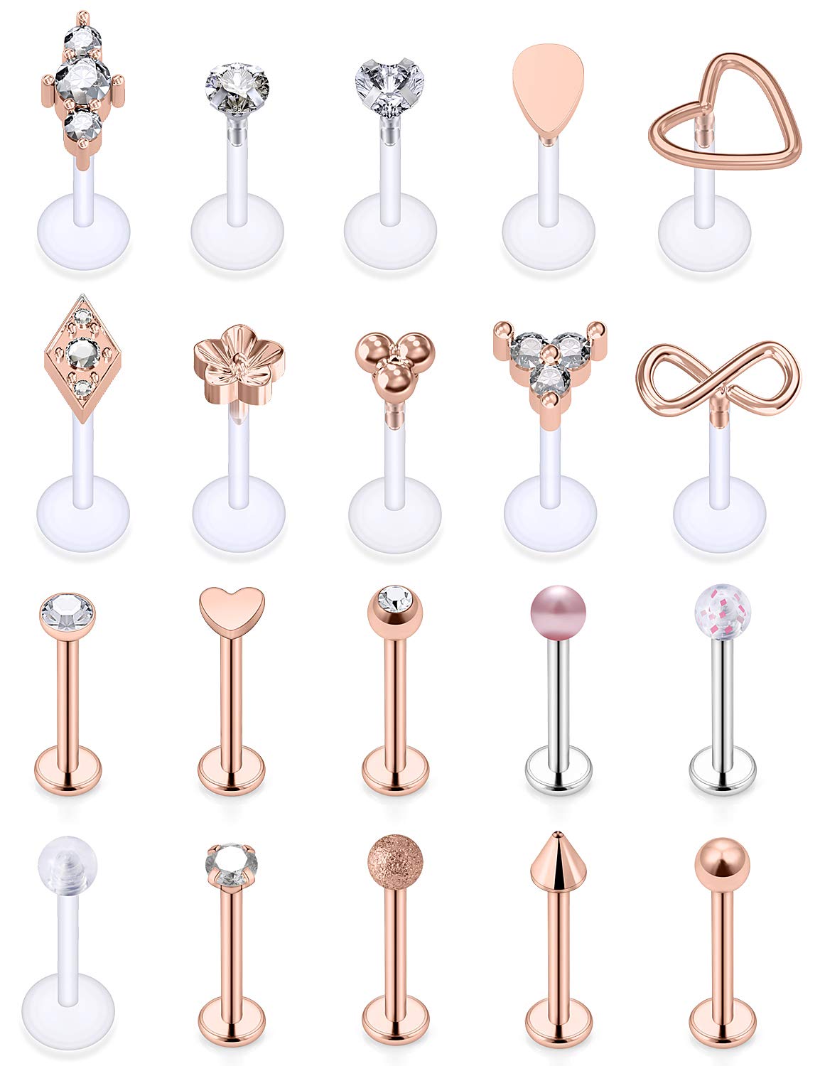 SCERRING 16g Lip Rings Stainless Steel Labret Monroe Lip Rings Nail Tragus Helix Earrings Studs Ring Medusa Piercing Jewelry 8mm 20PCS Rose Gold