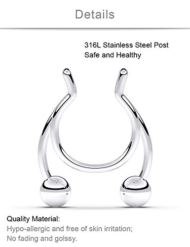 SCERRING Fake Septum Nose Hoop Rings Stainless Steel Faux Lip Ear Nose Septum Ring Non Piercing Clip On Nose Hoop Rings Body Piercing Jewelry Clear CZ 15PCS Silver