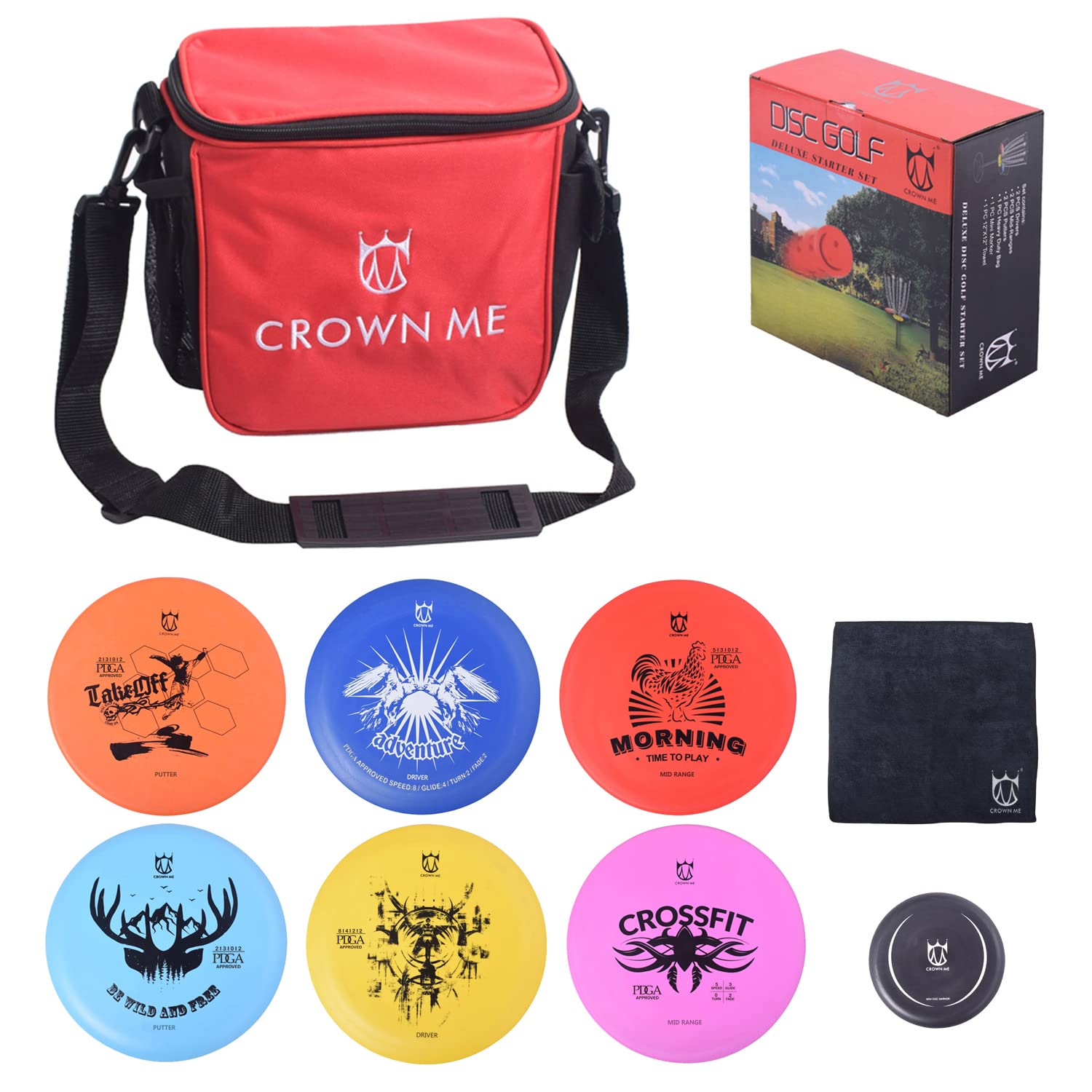 CROWN ME Disc Golf Starter Set,Disc Golf Set with 6 Discs, 1 Marker,1 Towel and Starter Disc Golf Bag Fairway Driver