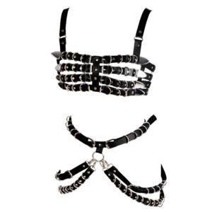 Women's full body harness bra Chest strap Leather Waist belt lingerie cage set Waist belt Punk gothic Dance Photography Rock (Black)