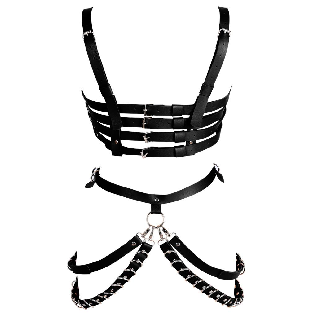 Women's full body harness bra Chest strap Leather Waist belt lingerie cage set Waist belt Punk gothic Dance Photography Rock (Black)