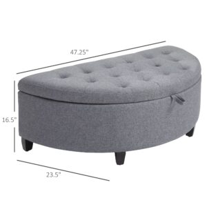 HOMCOM Half Moon Storage Ottoman, Upholstered Button Tufted Storage Bench with Lift Lid and Wood Legs, for Living Room, Entryway, Gray