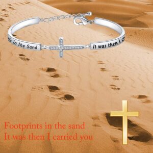 KUIYAI Footprints in The Sand Prayer Cross Bracelet Beautiful Poems Quote When You Saw Only One Set of Footprints It was Then That I Carried You Religious Jewelry Christian Gift (Silver Bracalet)