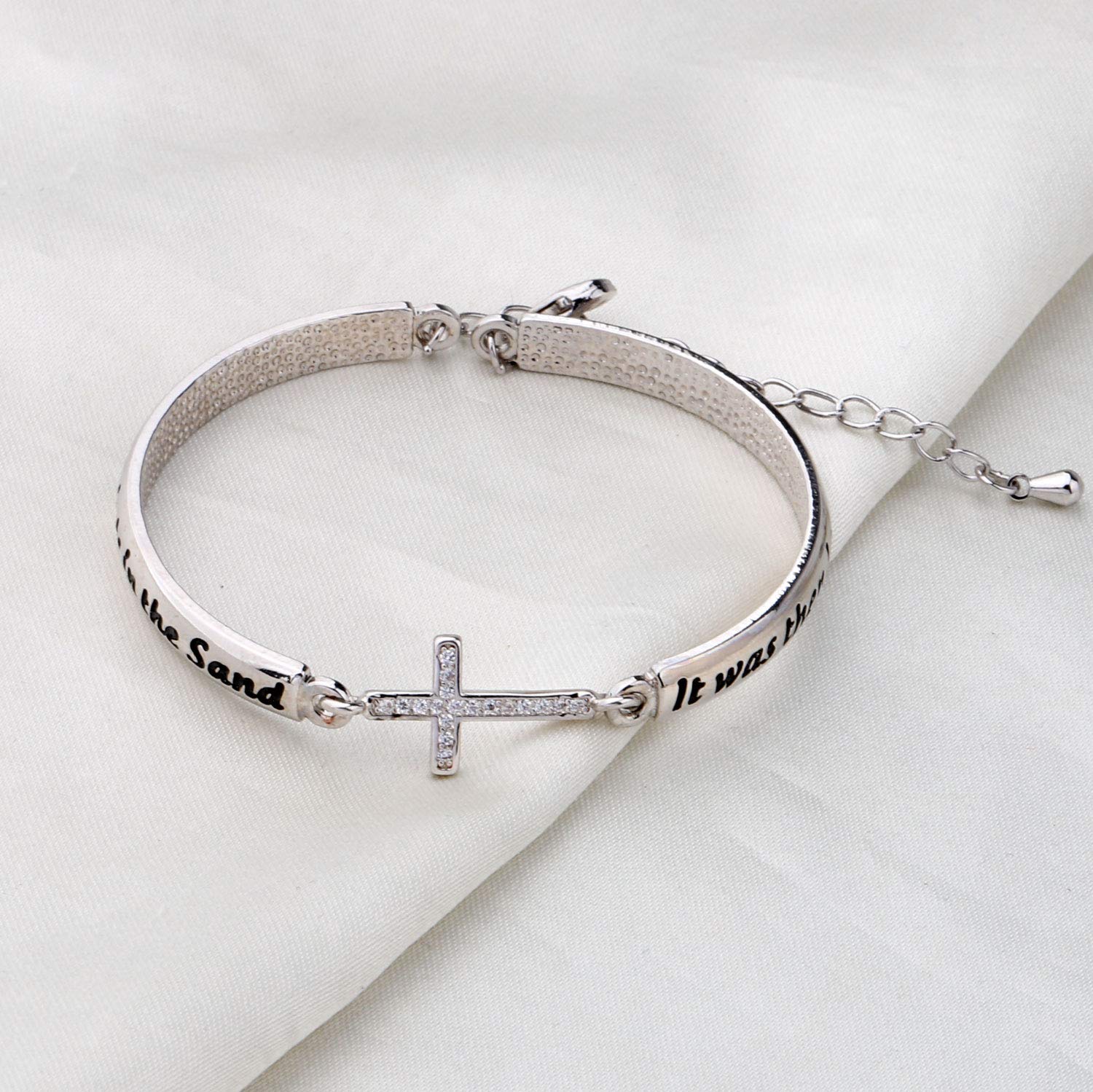 KUIYAI Footprints in The Sand Prayer Cross Bracelet Beautiful Poems Quote When You Saw Only One Set of Footprints It was Then That I Carried You Religious Jewelry Christian Gift (Silver Bracalet)