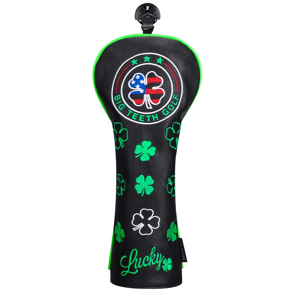 BIG TEETH Golf Head Covers Driver Hybrid Fairway Cover Golf Club Protector Lucky Clover and USA Pattern Black (Driver Cover)