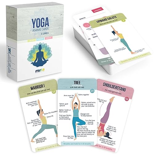 merka Yoga Cards, 50 Flash Cards Deck with Poses for Class Sequencing & Practice, Sanskrit and Cues for Beginners, Teachers, Women Workout Fitness